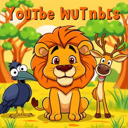 A colorful and humorous cartoon-style YouTube thumbnail featuring a cartoon lion in the center with a goofy expression