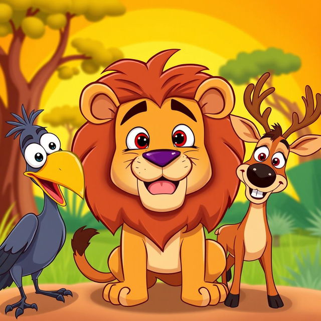 A colorful and humorous cartoon-style YouTube thumbnail featuring a cartoon lion in the center with a goofy expression