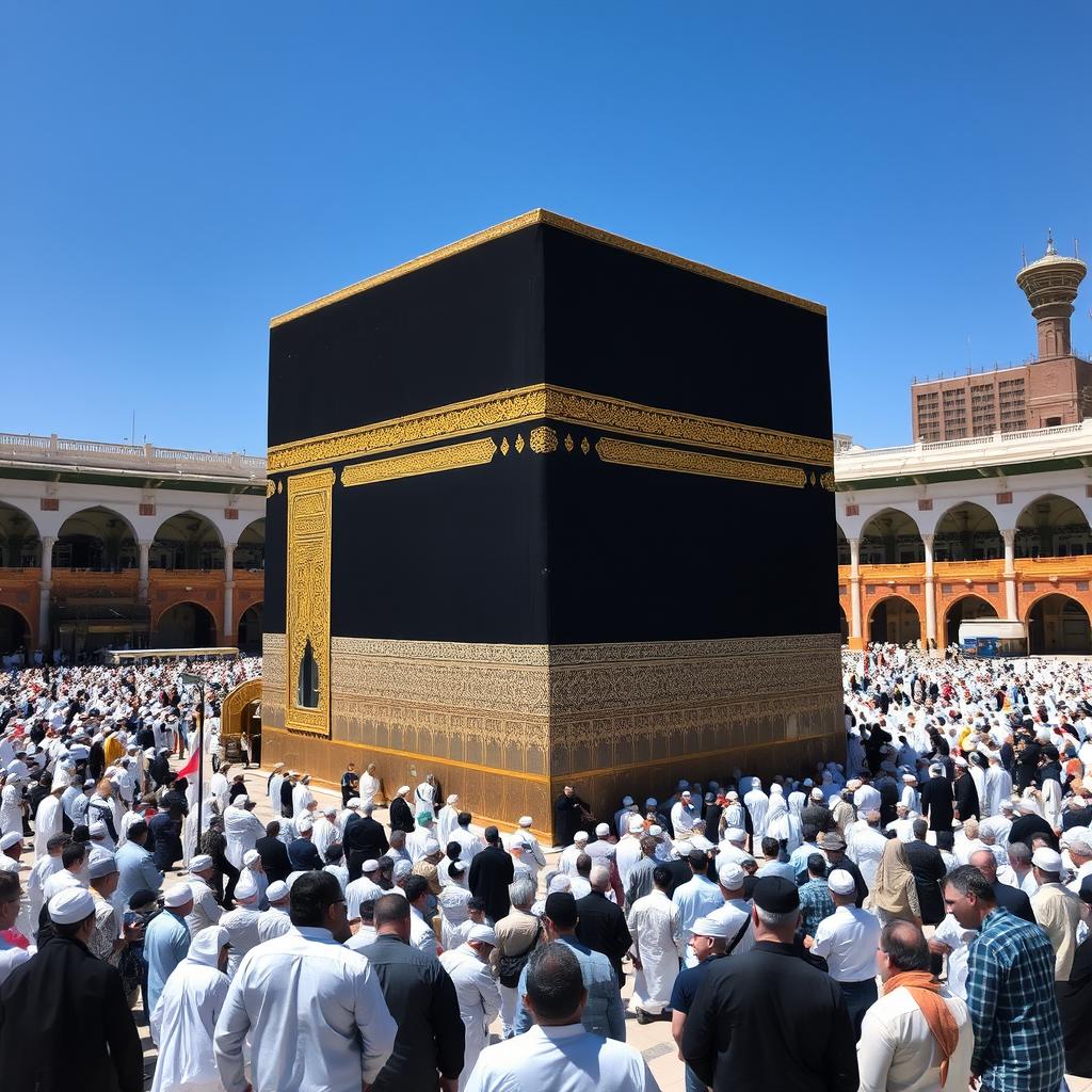 A stunning view of the Kaaba, the ancient black cube structure in Mecca, surrounded by worshippers in traditional attire