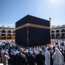 A stunning view of the Kaaba, the ancient black cube structure in Mecca, surrounded by worshippers in traditional attire