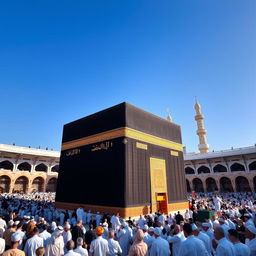 A stunning view of the Kaaba, the ancient black cube structure in Mecca, surrounded by worshippers in traditional attire