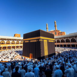 A stunning view of the Kaaba, the ancient black cube structure in Mecca, surrounded by worshippers in traditional attire