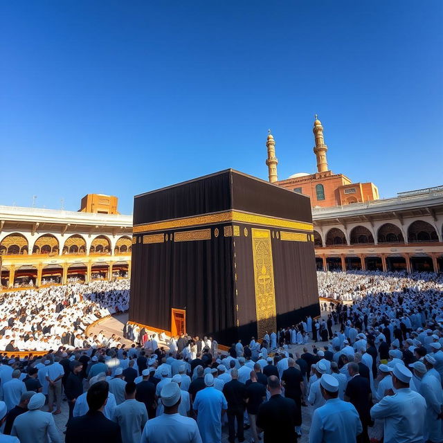 A stunning view of the Kaaba, the ancient black cube structure in Mecca, surrounded by worshippers in traditional attire