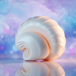 A large, abstract shell designed as a piece of modern art, featuring smooth curves and intricate patterns that reflect light in a variety of colors