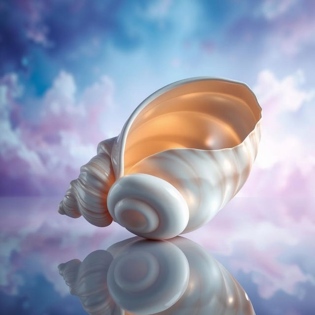 A large, abstract shell designed as a piece of modern art, featuring smooth curves and intricate patterns that reflect light in a variety of colors