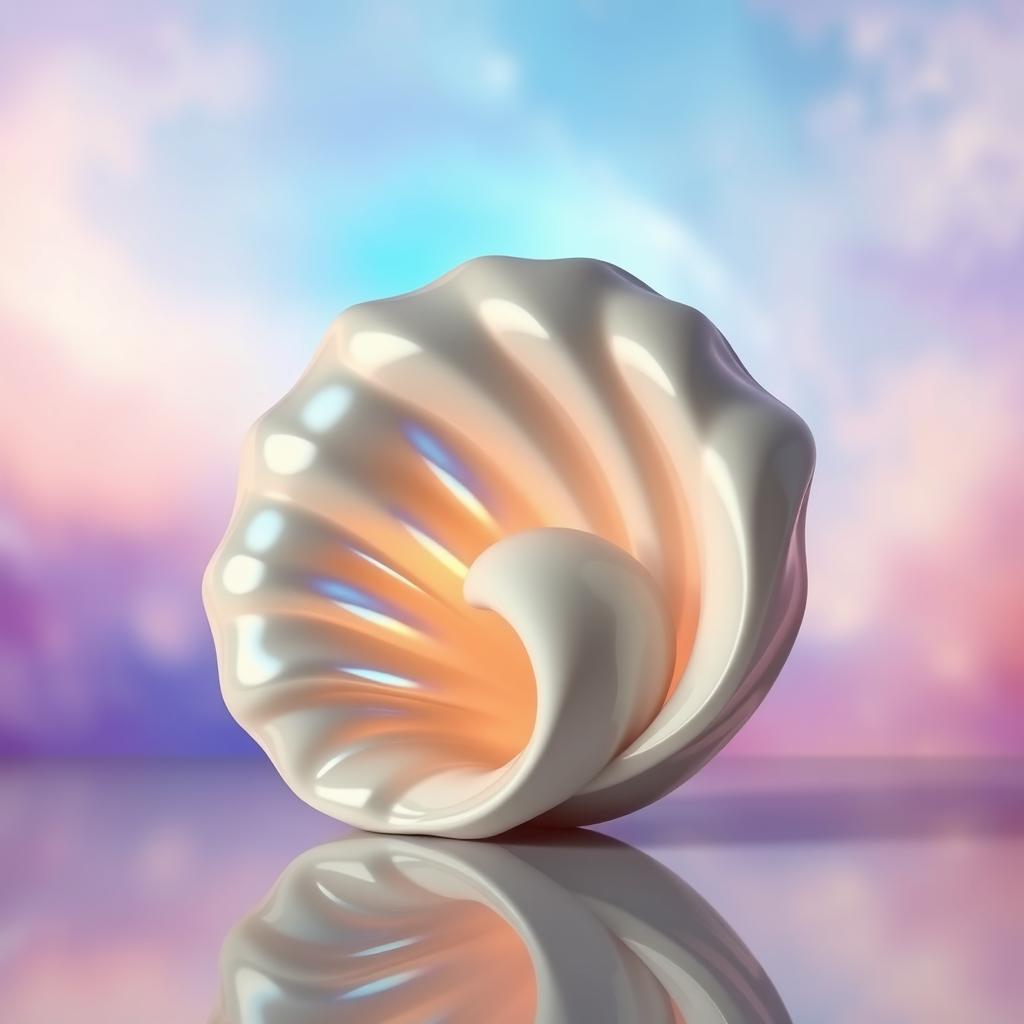 A large, abstract shell designed as a piece of modern art, featuring smooth curves and intricate patterns that reflect light in a variety of colors
