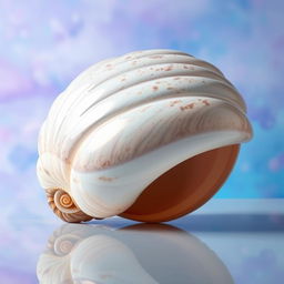 A large, abstract shell designed as a piece of modern art, featuring smooth curves and intricate patterns that reflect light in a variety of colors