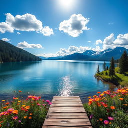 A serene landscape of a tranquil lake surrounded by lush evergreen trees and vibrant wildflowers in full bloom