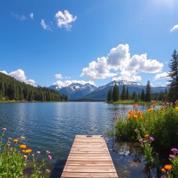 A serene landscape of a tranquil lake surrounded by lush evergreen trees and vibrant wildflowers in full bloom