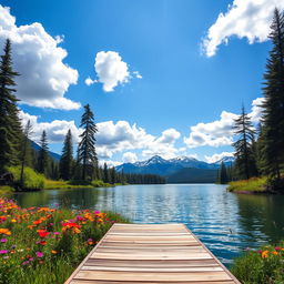 A serene landscape of a tranquil lake surrounded by lush evergreen trees and vibrant wildflowers in full bloom