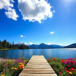 A serene landscape of a tranquil lake surrounded by lush evergreen trees and vibrant wildflowers in full bloom