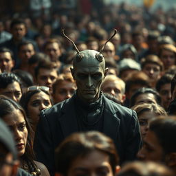 A captivating image of Grenouille, the main character from 'Perfume: The Story of a Murderer', standing amidst a crowd of adoring people who are gazing at him with reverence