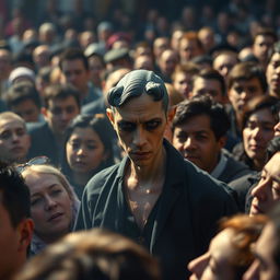 A captivating image of Grenouille, the main character from 'Perfume: The Story of a Murderer', standing amidst a crowd of adoring people who are gazing at him with reverence