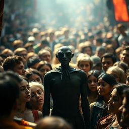 A captivating image of Grenouille, the main character from 'Perfume: The Story of a Murderer', standing amidst a crowd of adoring people who are gazing at him with reverence