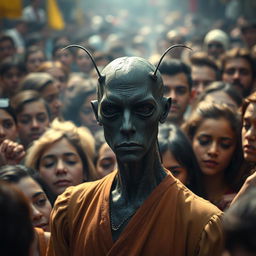 A captivating image of Grenouille, the main character from 'Perfume: The Story of a Murderer', standing amidst a crowd of adoring people who are gazing at him with reverence