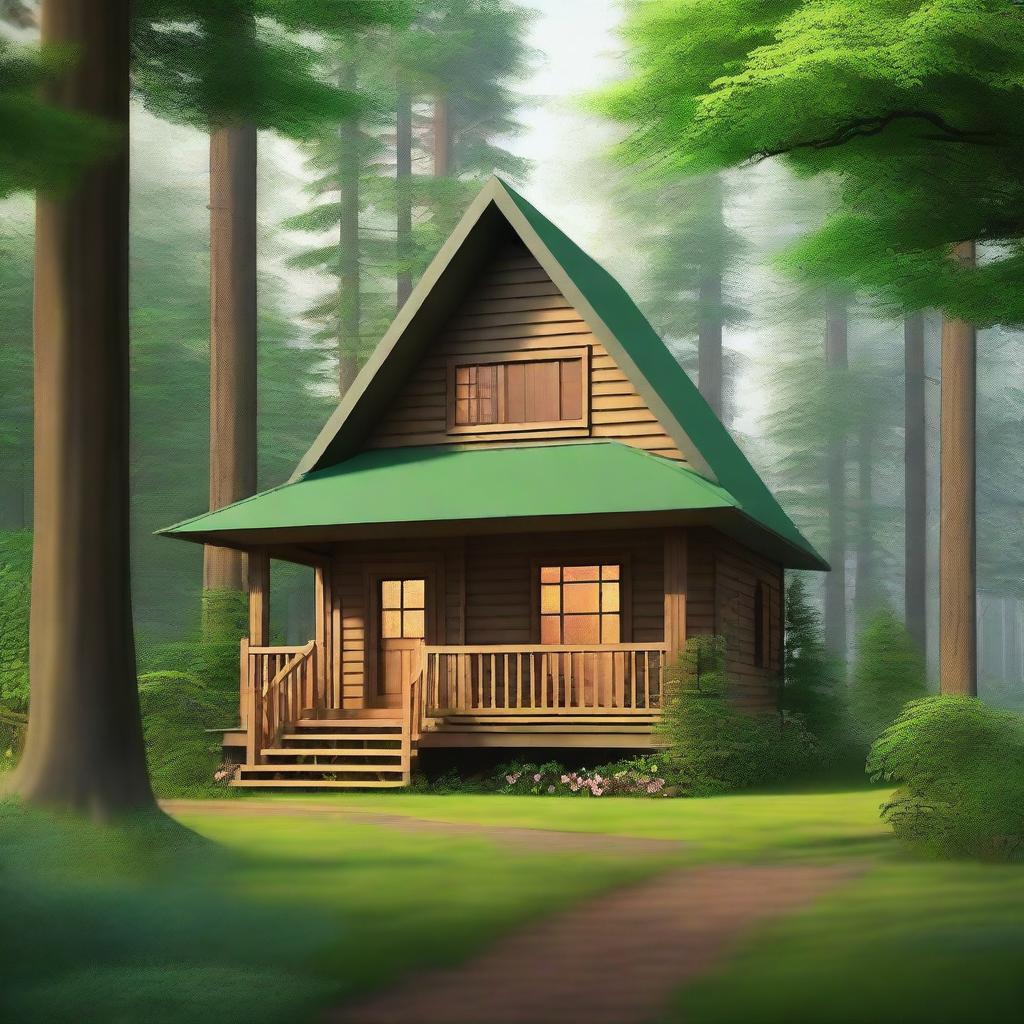 A high-quality digital art image capturing a small, cozy house nestled in the heart of a lush forest