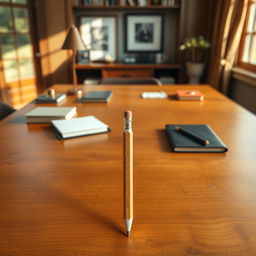 An imaginative image featuring a small pencil placed prominently on a large wooden desk