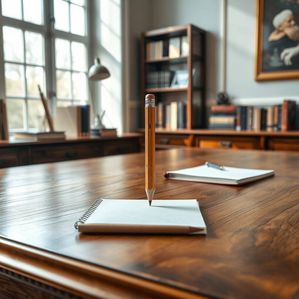 An imaginative image featuring a small pencil placed prominently on a large wooden desk