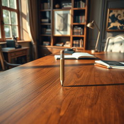 An imaginative image featuring a small pencil placed prominently on a large wooden desk