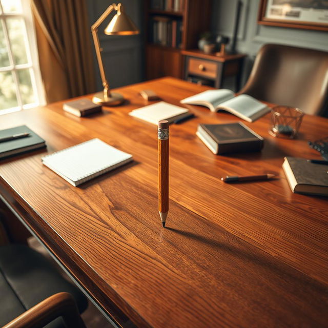 An imaginative image featuring a small pencil placed prominently on a large wooden desk