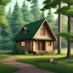 A high-quality digital art image capturing a small, cozy house nestled in the heart of a lush forest