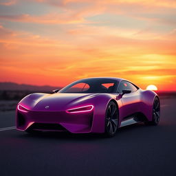 A futuristic car on an empty road during a beautiful sunset, featuring a sleek, modern design with a vibrant pink and purple color scheme