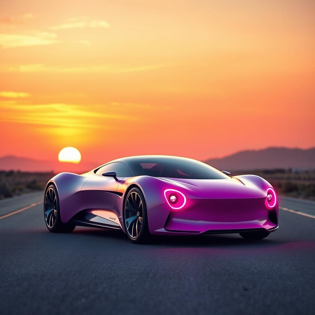 A futuristic car on an empty road during a beautiful sunset, featuring a sleek, modern design with a vibrant pink and purple color scheme