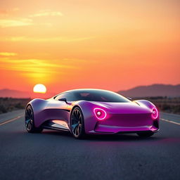 A futuristic car on an empty road during a beautiful sunset, featuring a sleek, modern design with a vibrant pink and purple color scheme