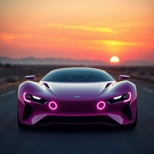 A futuristic car on an empty road during a beautiful sunset, featuring a sleek, modern design with a vibrant pink and purple color scheme