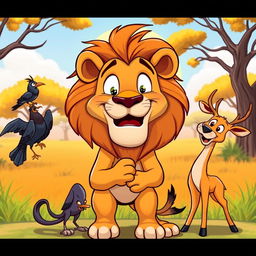 A vibrant and humorous cartoon-style YouTube thumbnail depicting a lion in the center, comically proposing to a lioness right in front of him with an exaggerated romantic expression