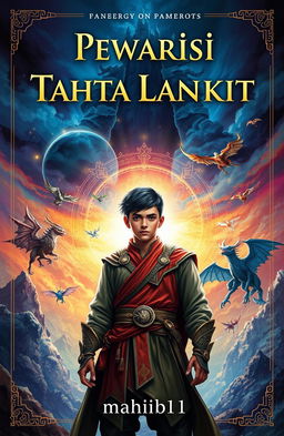 An epic fantasy novel cover featuring a young man standing heroically in a vibrant, mystical landscape