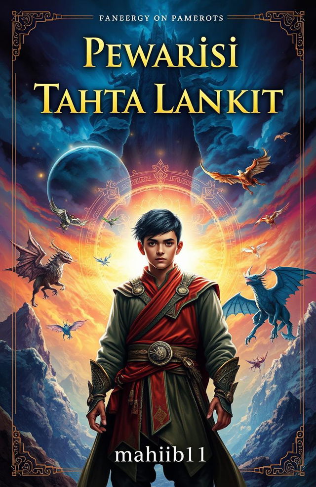 An epic fantasy novel cover featuring a young man standing heroically in a vibrant, mystical landscape