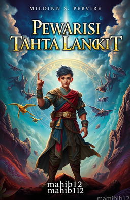 An epic fantasy novel cover featuring a young man standing heroically in a vibrant, mystical landscape