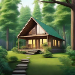 A high-quality digital art image capturing a small, cozy house nestled in the heart of a lush forest