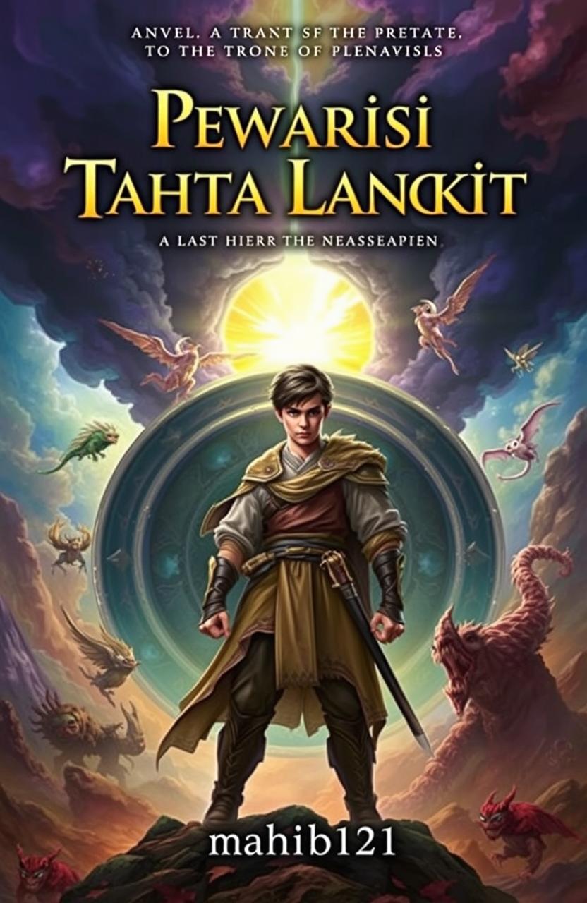 An epic fantasy novel cover featuring a young man standing heroically in a vibrant, mystical landscape