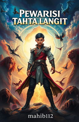 An epic fantasy novel cover featuring a young man standing heroically in a vibrant, mystical landscape