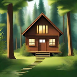 A high-quality digital art image capturing a small, cozy house nestled in the heart of a lush forest