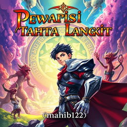 An anime-style epic fantasy novel cover featuring a young man in a heroic pose, set against a vibrant, mystical landscape