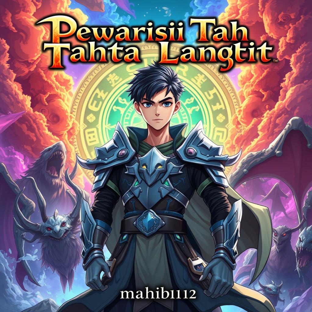 An anime-style epic fantasy novel cover featuring a young man in a heroic pose, set against a vibrant, mystical landscape