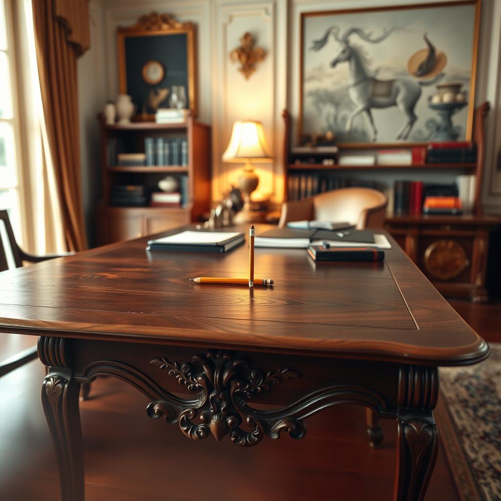 A large wooden desk dominating the foreground, with intricate carvings and a polished surface, showcasing a small pencil resting on top