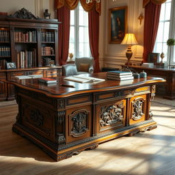 A large wooden desk dominating the foreground, with intricate carvings and a polished surface, showcasing a small pencil resting on top