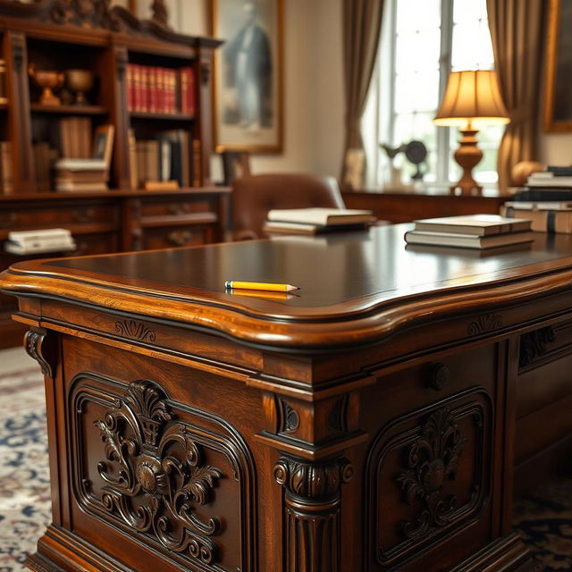 A large wooden desk dominating the foreground, with intricate carvings and a polished surface, showcasing a small pencil resting on top