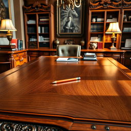 A large wooden desk dominating the foreground, with intricate carvings and a polished surface, showcasing a small pencil resting on top