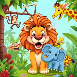 A lively and humorous cartoon-style YouTube thumbnail featuring a lion at the center, surrounded by a variety of jungle animals, each with funny expressions and poses