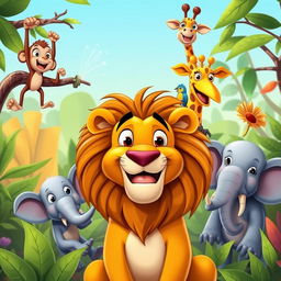 A lively and humorous cartoon-style YouTube thumbnail featuring a lion at the center, surrounded by a variety of jungle animals, each with funny expressions and poses