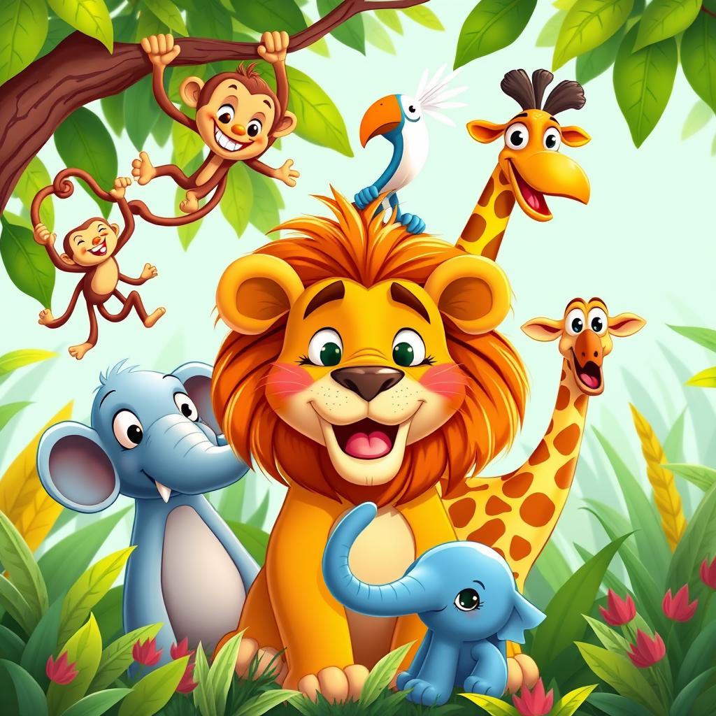 A lively and humorous cartoon-style YouTube thumbnail featuring a lion at the center, surrounded by a variety of jungle animals, each with funny expressions and poses