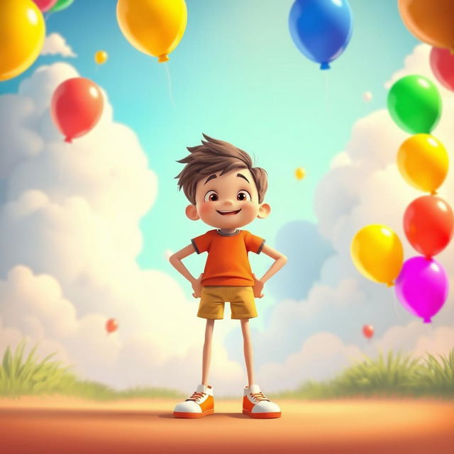 An animated scene featuring a tall boy standing confidently against a vibrant background