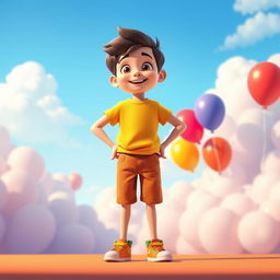 An animated scene featuring a tall boy standing confidently against a vibrant background