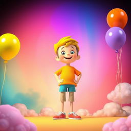 An animated scene featuring a tall boy standing confidently against a vibrant background