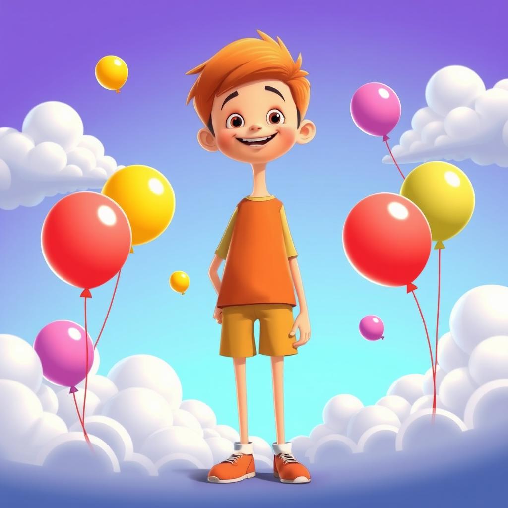 An animated scene featuring a tall boy standing confidently against a vibrant background